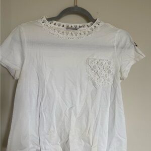 Moncler White Floral Lace Trim Tee